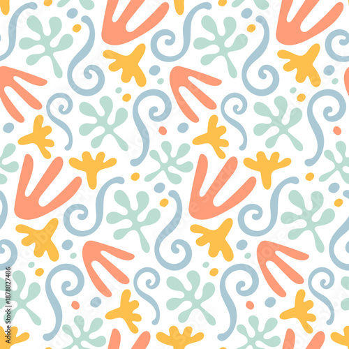 Seamless abstract pastel pattern with organic shapes, coral, mint and blue doodles, playful modern background for textiles, wallpaper, packaging, branding and decor