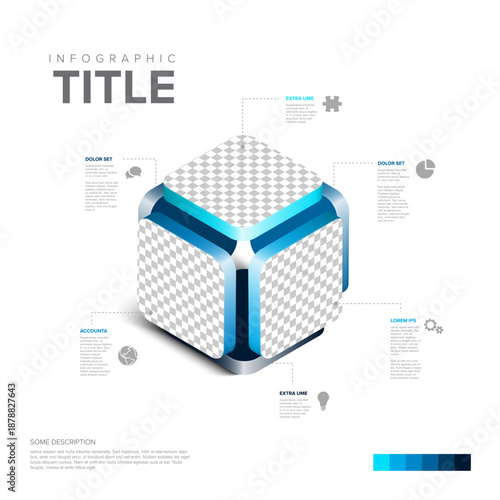 This isometric infographic features a 3D cube with customizable photo placeholders panels. The modern 3D cube uses a sleek infographic design to display business data and creative information clearly.