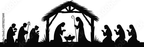 Nativity Scene Silhouette with Mary Joseph and Baby Jesus in Manger Surrounded by Worshippers Under Stable Roof Christmas Christian Religious Illustration