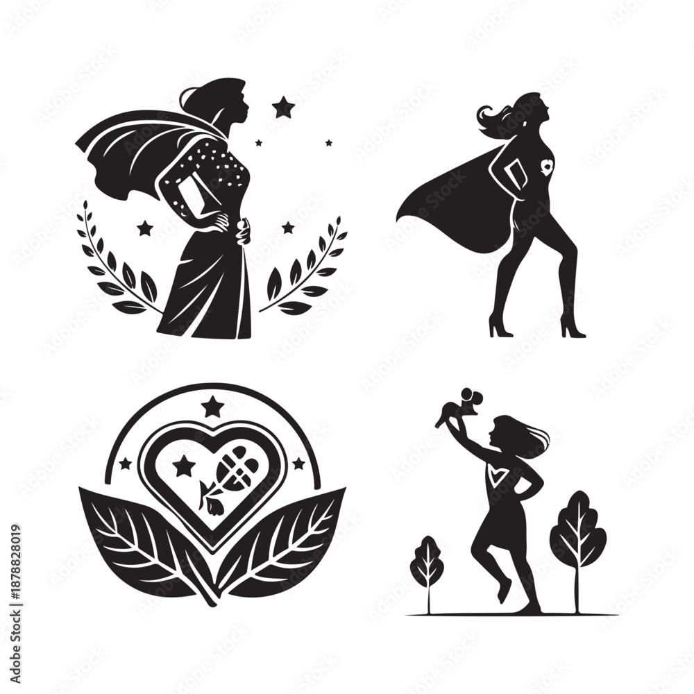 Obraz premium Super Mom Icons Silhouette Bundle, Strong Mother Concept.