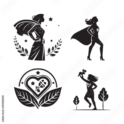 Super Mom Icons Silhouette Bundle, Strong Mother Concept.