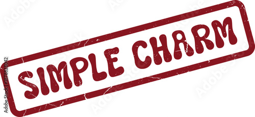 A red distressed rubber stamp featuring the words Simple Charm for elegant and appealing designs