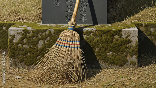 Straw broom resting against gravestone during Qingming Festival  