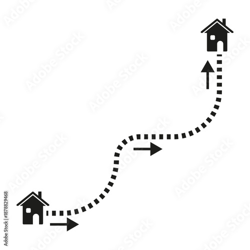 Moving house icon. Relocation path map. Property route Vector. Home transfer sign.