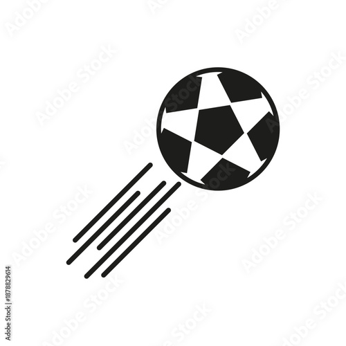 Flying soccer ball icon. Football in motion with speed lines. Black sport game symbol. Goal kick dynamic vector.