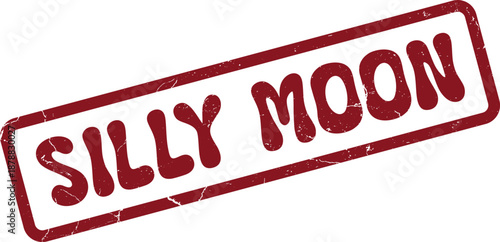 Distinctive red grunge effect rubber stamp presenting the whimsical words Silly Moon inside a classic rectangular frame