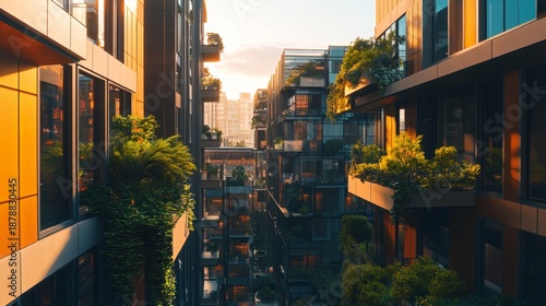A vibrant urban scene at sunset showcases modern architecture and greenery. This image captures the beauty and harmony of city living. Generative AI.