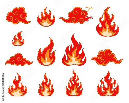 Set of traditional Chinese red and gold cloud and fire pattern motifs