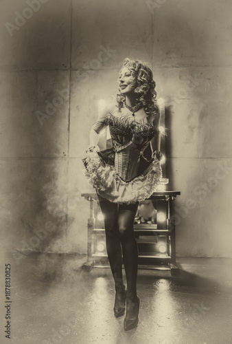 black and white color photo Beauty blonde hair retro lady playful girl fashion model in short dress lush skirt. sexy woman burlesque show dancer actress. Flapper girl 20s roaring twenties old style