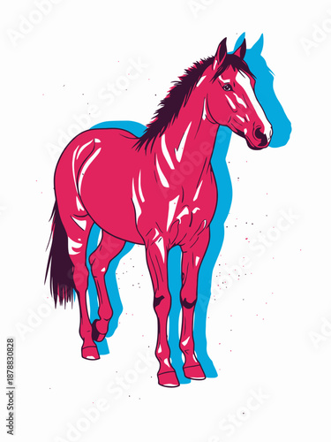 Standing pink horse illustration with blue drop shadow in vintage screen print style