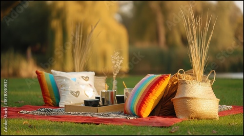LGBTQ valentine couple concept. Cozy picnic setup on grass with cushions and decorative elements.