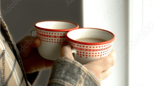 LGBTQ valentine couple concept. Warm cups of tea held in hands by a cozy window.