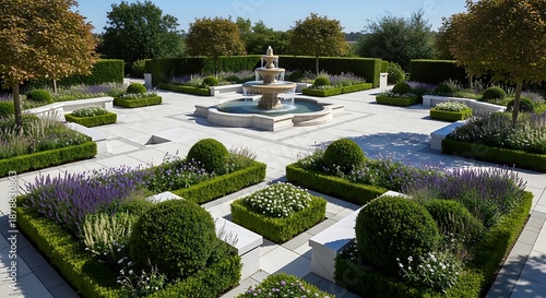 Sculpted verdant garden with ornamental fountain under serene blue skies