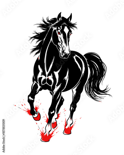 Galloping black horse ink drawing with red paint splatter effects