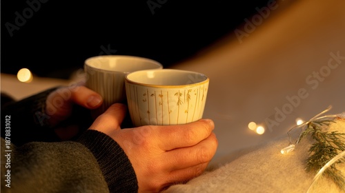LGBTQ valentine couple concept. Warm hands holding cups with soft lights in the background.