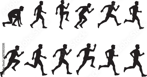 Vector illustration depicting the detailed sequence of a runner's movement, from initial stance to full-speed stride, showcasing athletic progression