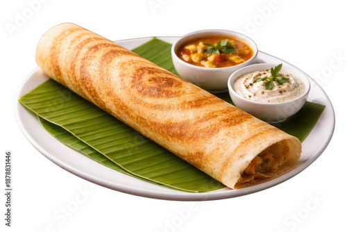 Delicious Indian dosa with sambar and chutney