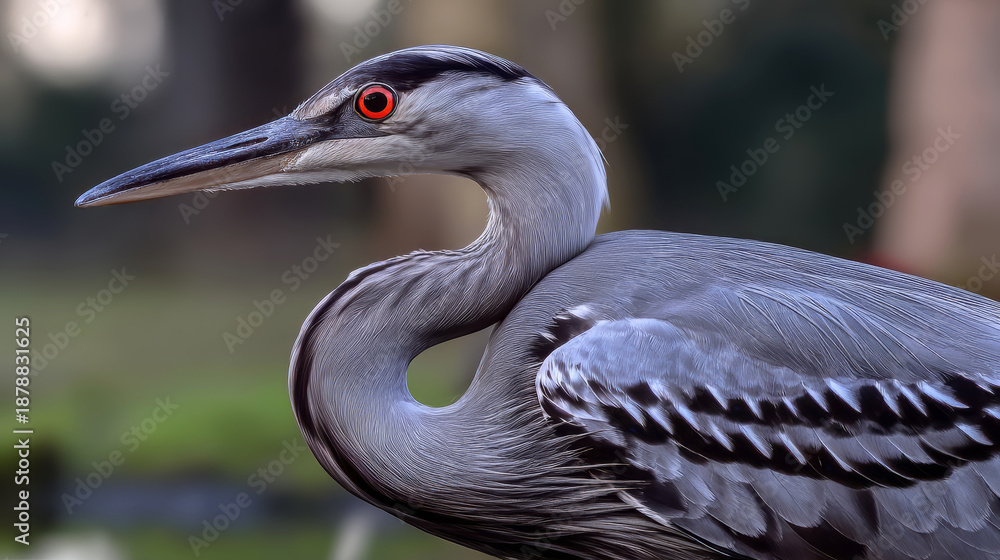 Fototapeta premium Close up of a crane is standing with feathers ruffled beside a pond rimmed with reeds. Its eye and plumage captured in sharp detail with misty backdrop. Wildlife. Endangered animals.