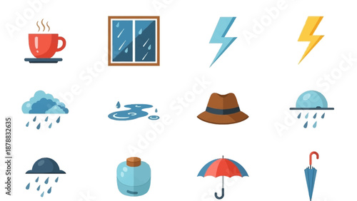 Weather Icons Featuring Umbrellas and Lightning.