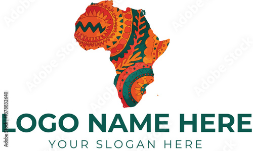 African heritage logo vector with stylized map filled with vibrant red, orange, and green cultural patterns