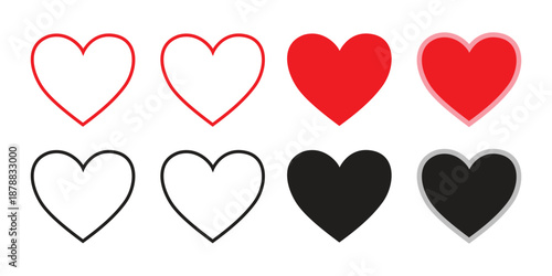 Eight heart shapes in red and black with outlines and fills isolated on transparent background