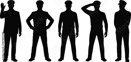 Police Officer Silhouette Set Showing Law Enforcement Personnel in Different Standing and Saluting Poses Isolated on White Background Security Authority Illustration