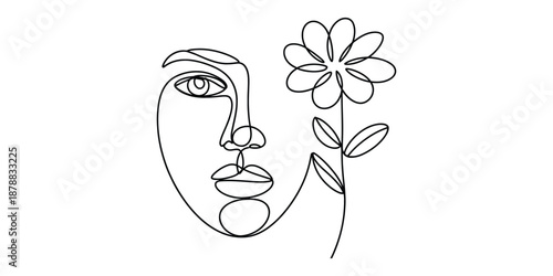 Elegant continuous line art: woman's face and flower