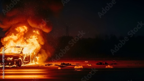 A dramatic image of a car engulfed in flames at night. Vivid oranges dominate, highlighting the destruction. Ideal for concepts of danger, emergency, or drama. Wide banner.