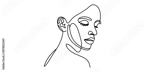 Minimalist one line drawing of a woman's face expressing serenity and contemplation