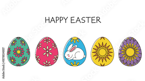 Five colorfully decorated Easter eggs with floral patterns and a cute sleeping bunny, arranged in a row below the text 'Happy Easter'.