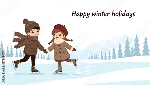 Cute cartoon boy and girl in warm winter clothes holding hands while ice skating in a snowy landscape with pine trees and mountains.