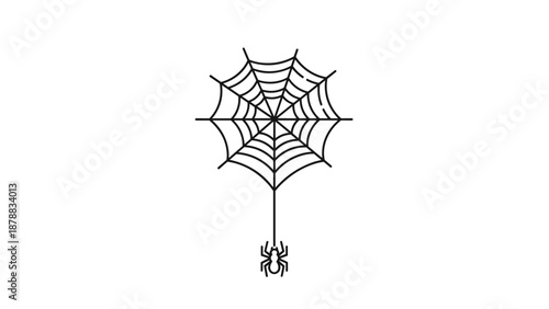 Minimalist black line art icon of a spider hanging from its intricate web, a simple symbol for Halloween or nature themes.