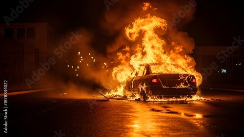 A dramatic image of a car engulfed in flames at night. Vivid oranges dominate, highlighting the destruction. Ideal for concepts of danger, emergency, or drama. Wide banner.