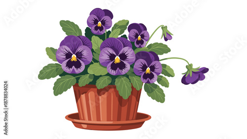 Beautiful purple pansy flowers with green leaves blooming in a brown terracotta pot, illustrated in a charming pixel art style on a white background.