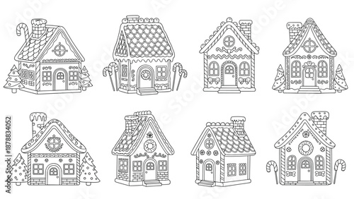 Collection of eight detailed gingerbread houses decorated with candy and icing, presented in a black and white line art style for Christmas coloring activities.