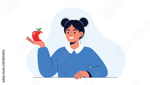 Happy young woman with dark hair in buns holding a red apple with a bite taken out of it, promoting healthy eating and a positive lifestyle.