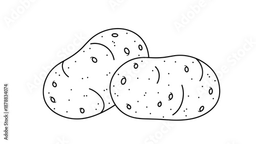 Simple black and white line art illustration of two whole raw potatoes, perfect for a coloring book, recipe card, or educational material about vegetables.
