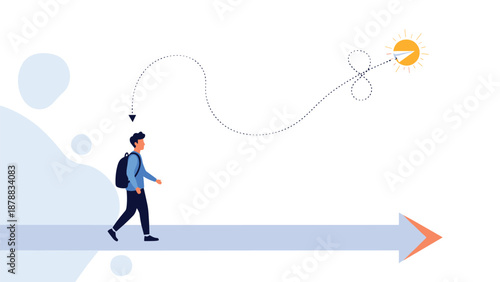 Conceptual illustration of a man choosing a complex, creative path to his goal instead of a simple, direct route, symbolizing strategy and ambition.