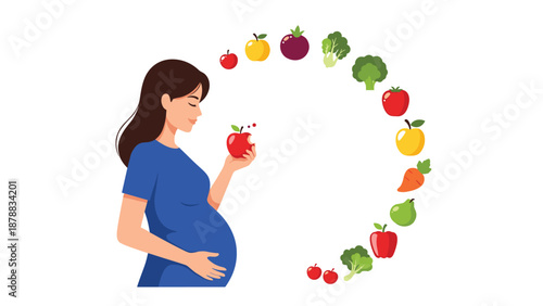 Serene pregnant woman holding an apple with a variety of healthy fruits and vegetables floating around her, symbolizing good nutrition during pregnancy.