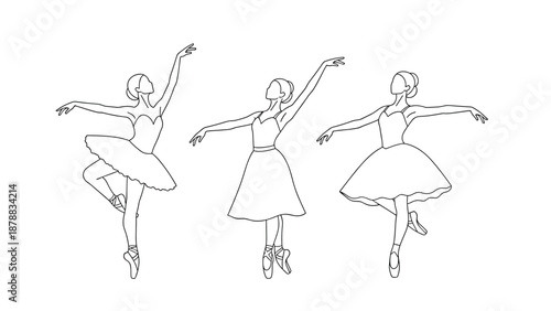Set of three graceful ballerinas in different elegant dance poses, illustrated in a delicate and minimal dashed line art style on a white background.