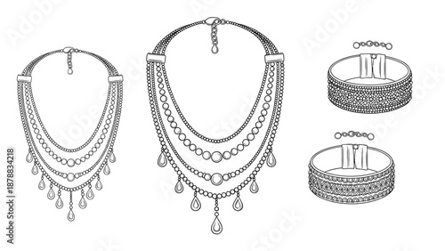 Set of two ornate multi-strand necklaces and matching bracelets, illustrated in a detailed black and white line art style for jewelry design or coloring.