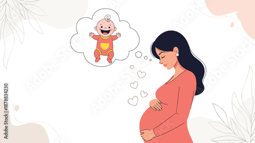 Happy pregnant woman lovingly holding her belly while dreaming of her smiling baby, illustrating the joy and anticipation of motherhood and pregnancy.