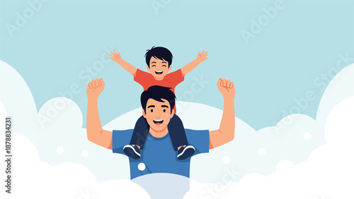 Happy father carrying his cheerful son on his shoulders against a cloudy sky background, symbolizing love, support, and fatherhood on Father's Day.
