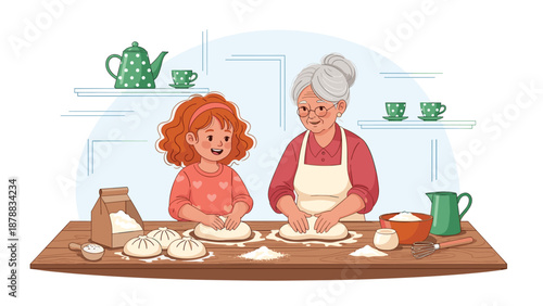 Happy grandmother and granddaughter bonding in the kitchen while making dough for bread or pastries, illustrating family traditions and learning to cook.
