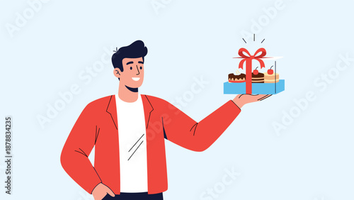 Happy young man presenting a gift box with an assortment of delicious cake slices, perfect for celebrating a birthday or special occasion.