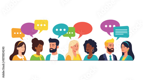 Diverse group of people communicating with colorful speech bubbles above their heads, illustrating social networking, discussion, and teamwork.