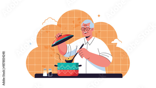 Happy senior man with glasses cooking a delicious soup in his kitchen, representing an active and healthy lifestyle during retirement and the joy of cooking.