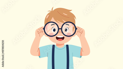 Cute and happy little boy with blond hair and suspenders smiling and adjusting his large, round glasses, illustrating childhood and vision.