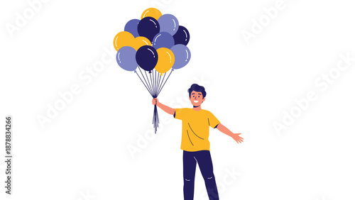 Happy young man in a yellow t-shirt smiling and holding a large bunch of colorful balloons, ready for a party, celebration, or birthday event.