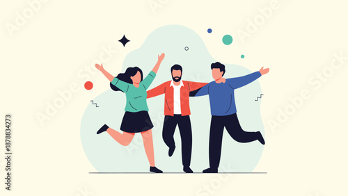 Group of three happy and diverse young friends with their arms around each other, jumping and celebrating together in a joyful moment of friendship.
